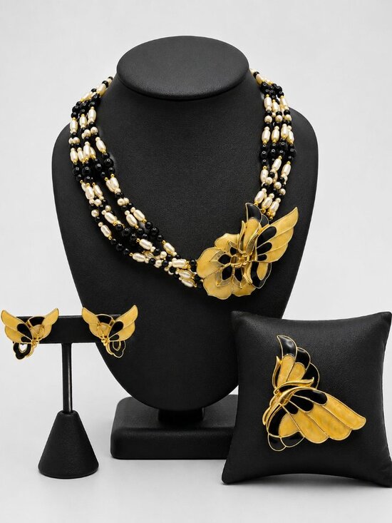 Trifari Jewelry - Vintage Trifari Butterfly Necklace Brooch Earrings Set Black Enamel Faux Pearl